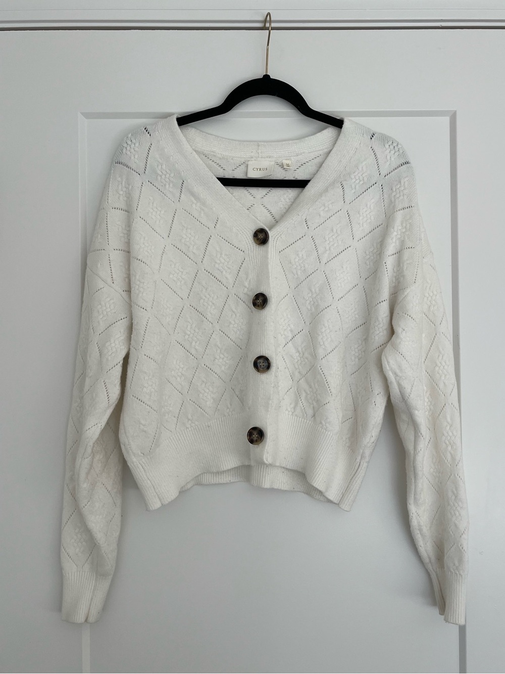 Cyrus Cream Pointelle Knit Cardigan Tortoise Shell Buttons Cottagecore Size M